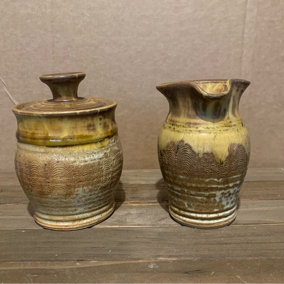 Signed Studio Art Pottery Stoneware Creamer Pitcher Sugar Bowl By Spring RI - Picture 5 of 14